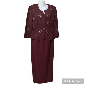 R&M Richards 2pc Beaded Wine Formal Dress  Sz 10 Long Maxi Sleeveless w/ Jacket